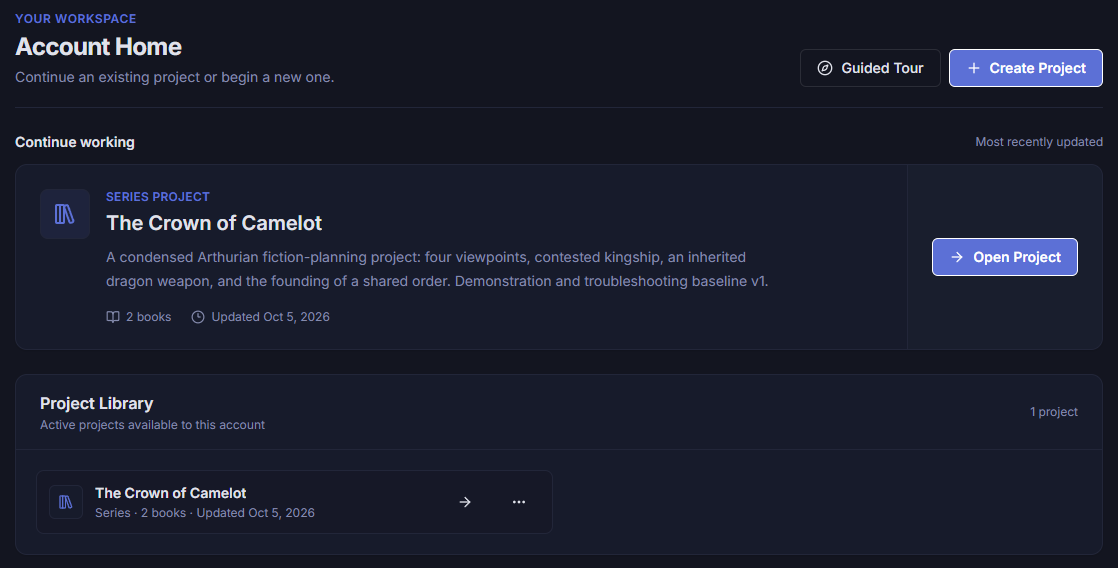 Account Home showing the project library and a recently updated Camelot series.