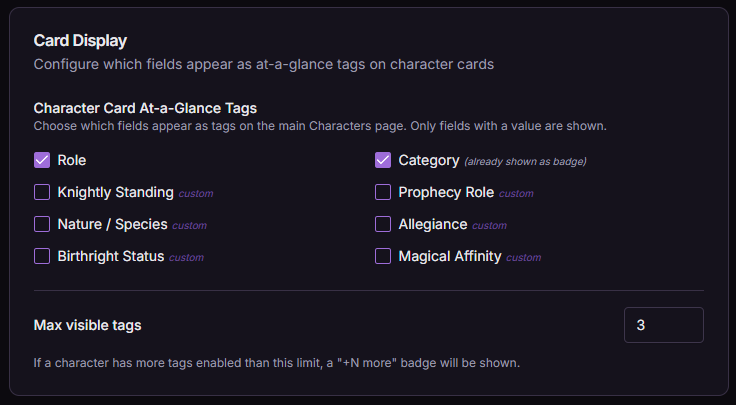 Character card display settings with selectable tags and a maximum visible tag count.