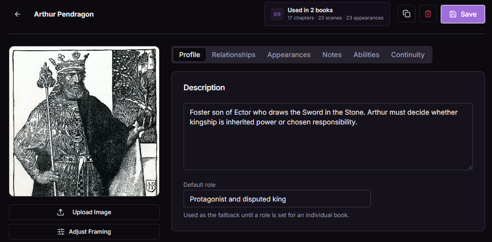 Arthur Pendragon character profile with image, description, default role, and usage across books.