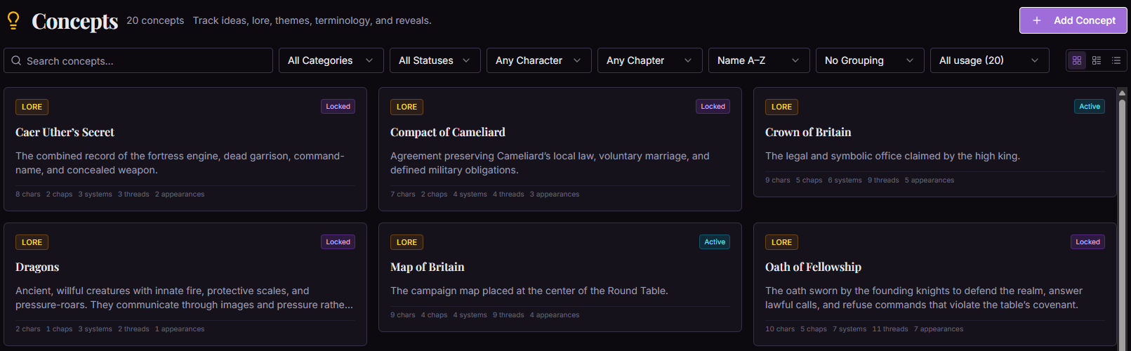 Concept library with Camelot lore cards, filters, and usage counts.