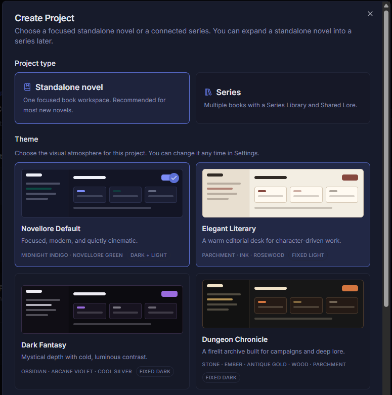 Create Project dialog with standalone and series choices and four visual themes.