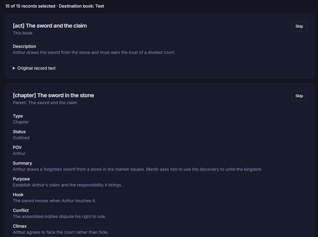 Import preview showing selected act and chapter records and a Skip option.