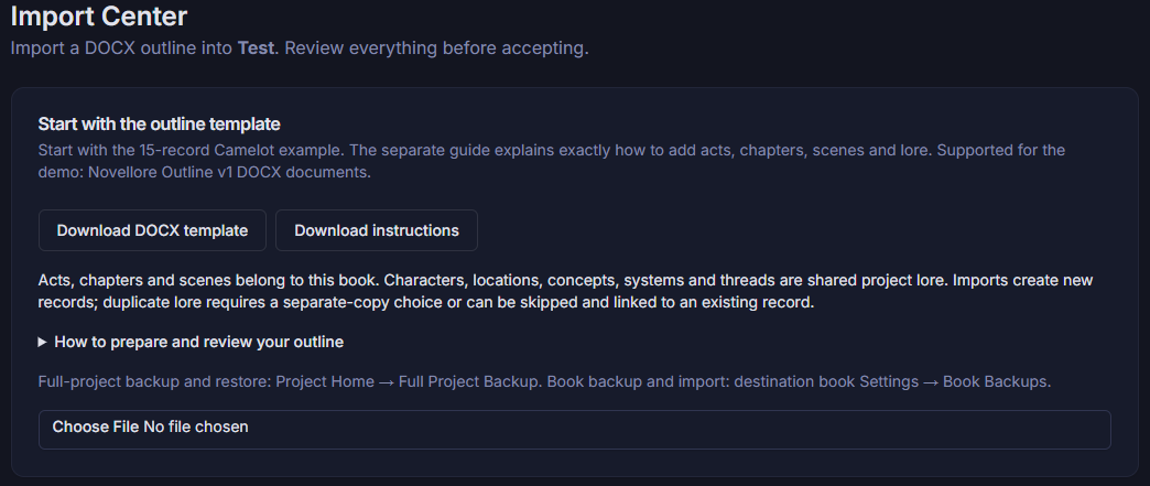 Import Center with DOCX outline template, instructions, and file picker.