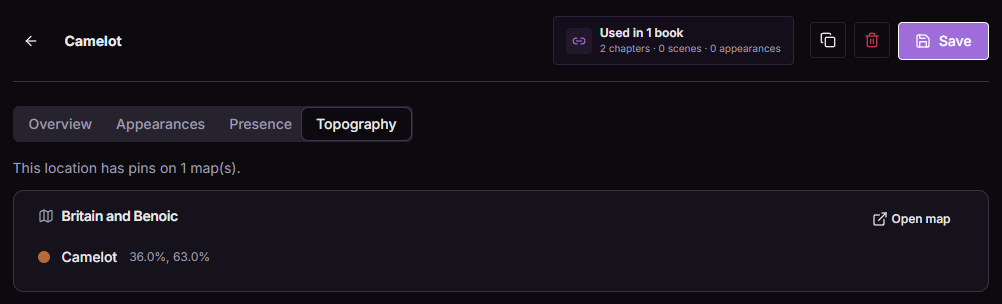 Camelot location Topography tab listing its pin on Britain and Benoic.