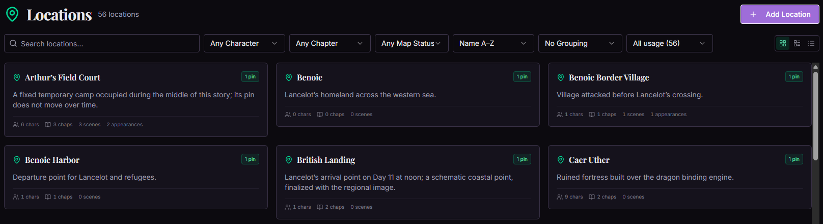Location library with Camelot places, usage counts, and map pin indicators.