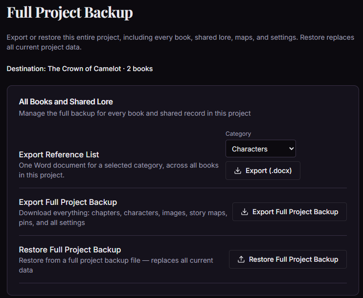Full Project Backup panel with category reference export, full backup export, and restore controls.
