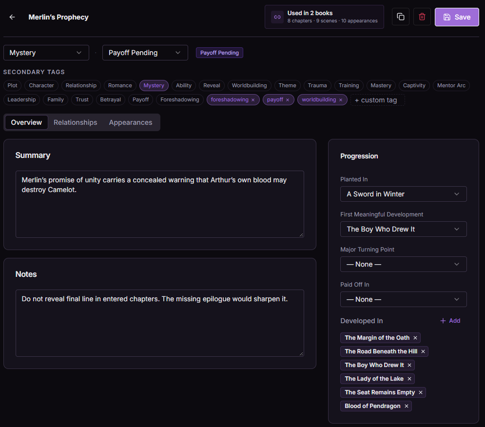 Merlin's Prophecy thread with summary, lifecycle, and planted/developed progression fields.