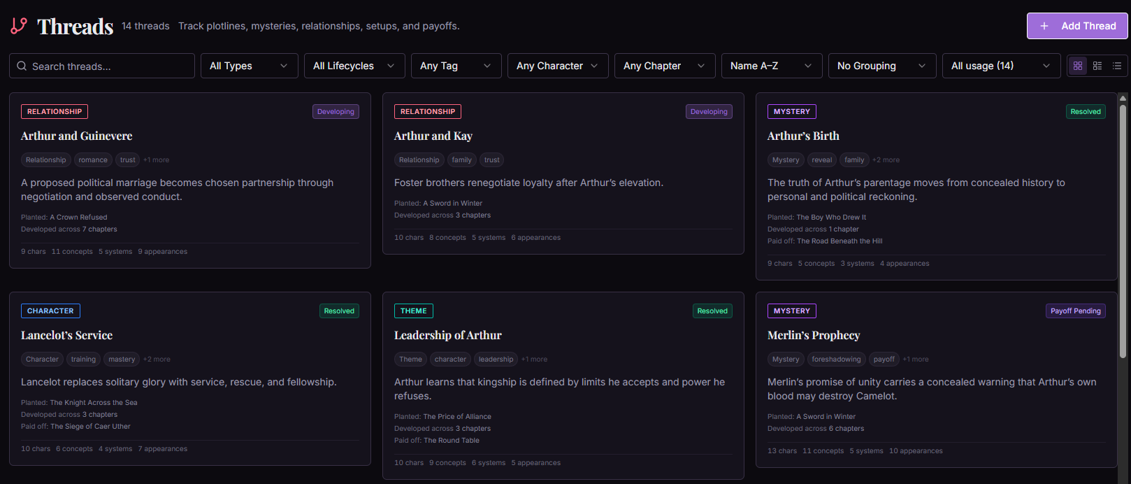 Thread library with Camelot relationships, mysteries, themes, lifecycle labels, and progression notes.